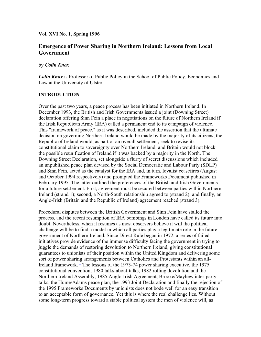 Emergence of Power Sharing in Northern Ireland: Lessons from Local Government
