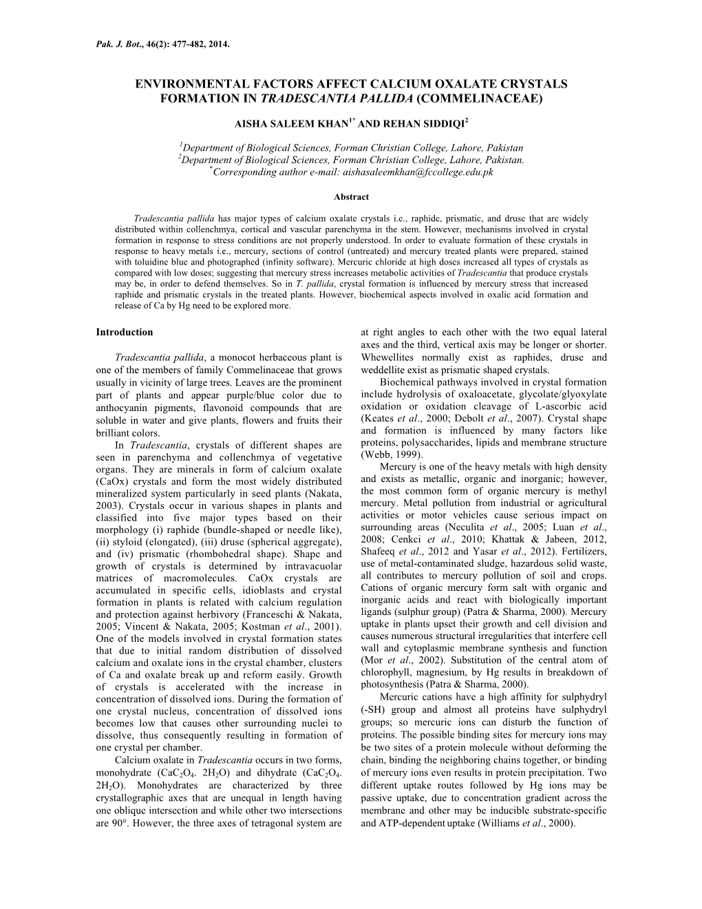 Environmental Factors Affect Calcium Oxalate Crystals Formation in Tradescantia Pallida (Commelinaceae)