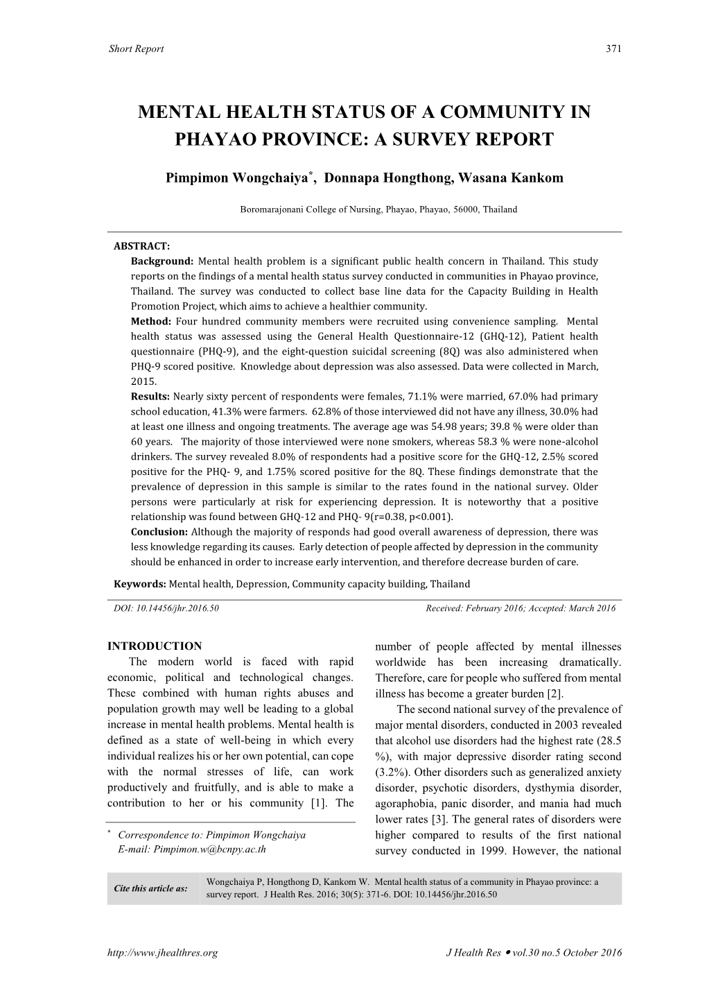 Mental Health Status of a Community in Phayao Province: a Survey Report