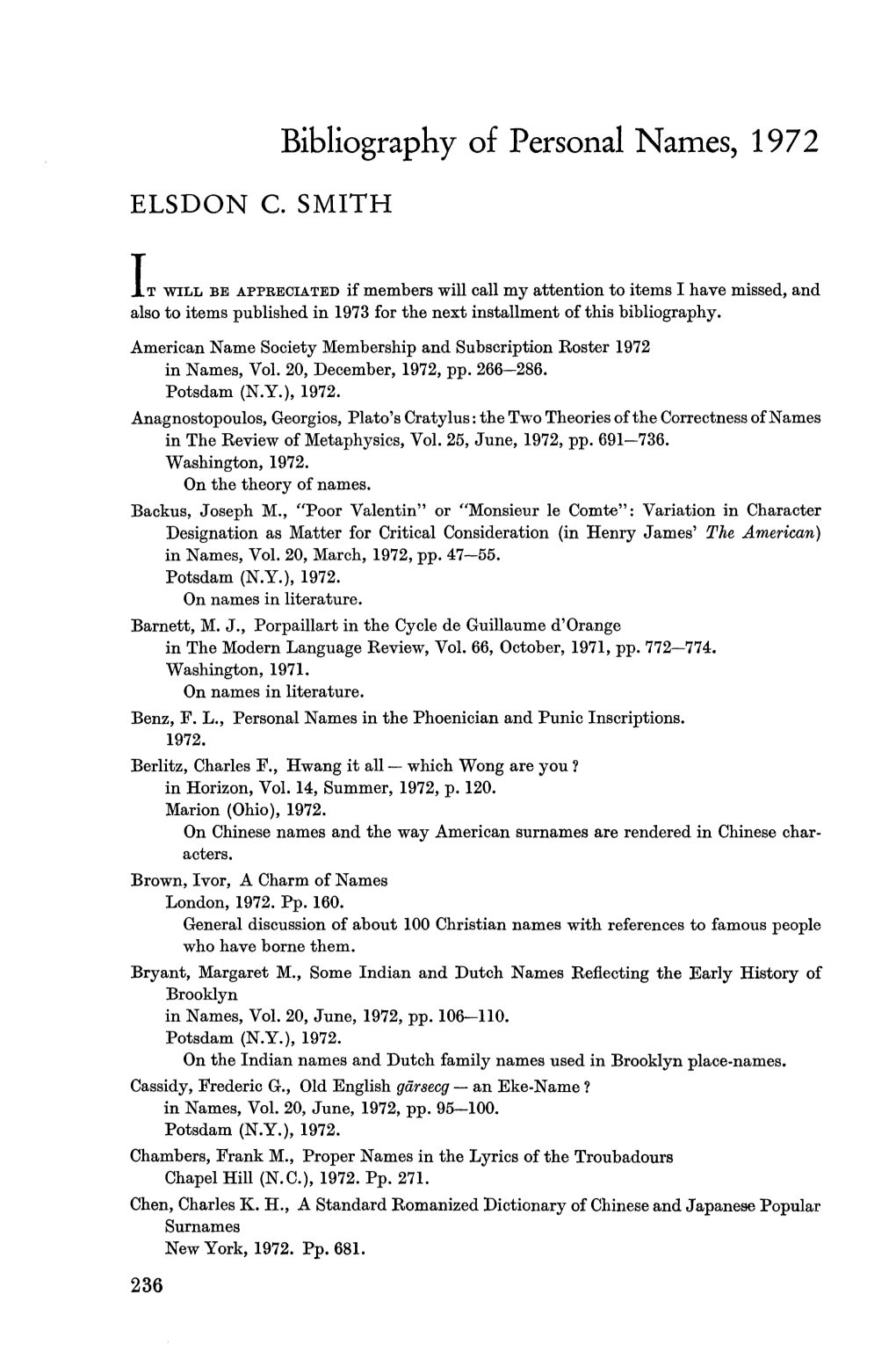 Bibliography of Personal Names, 1972
