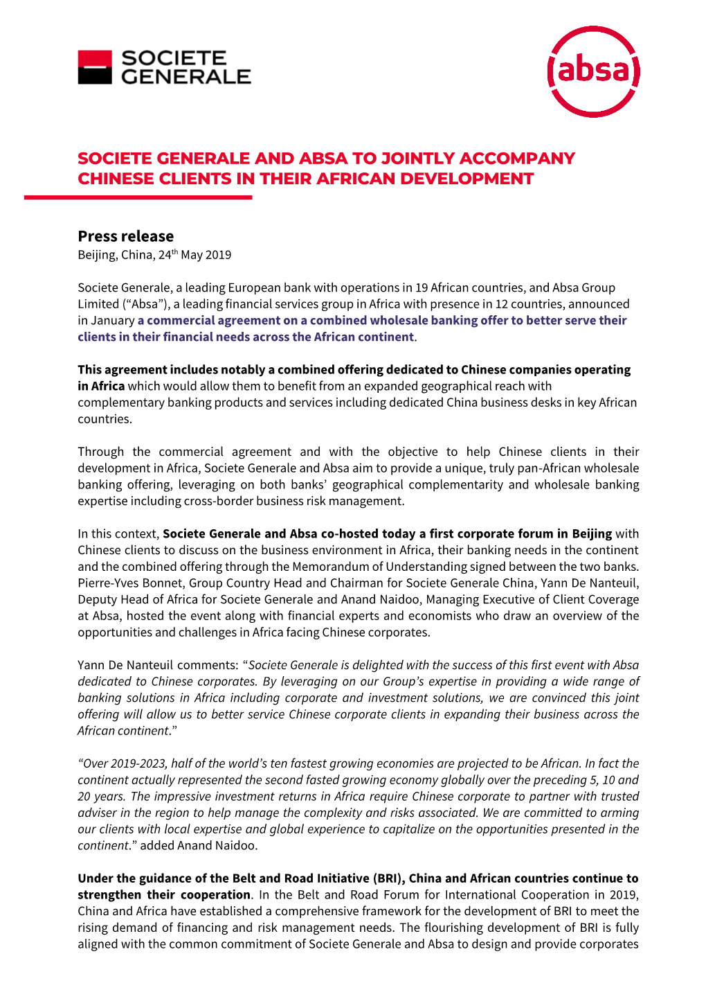 SOCIETE GENERALE and ABSA to JOINTLY ACCOMPANY CHINESE CLIENTS in THEIR AFRICAN DEVELOPMENT Press Release