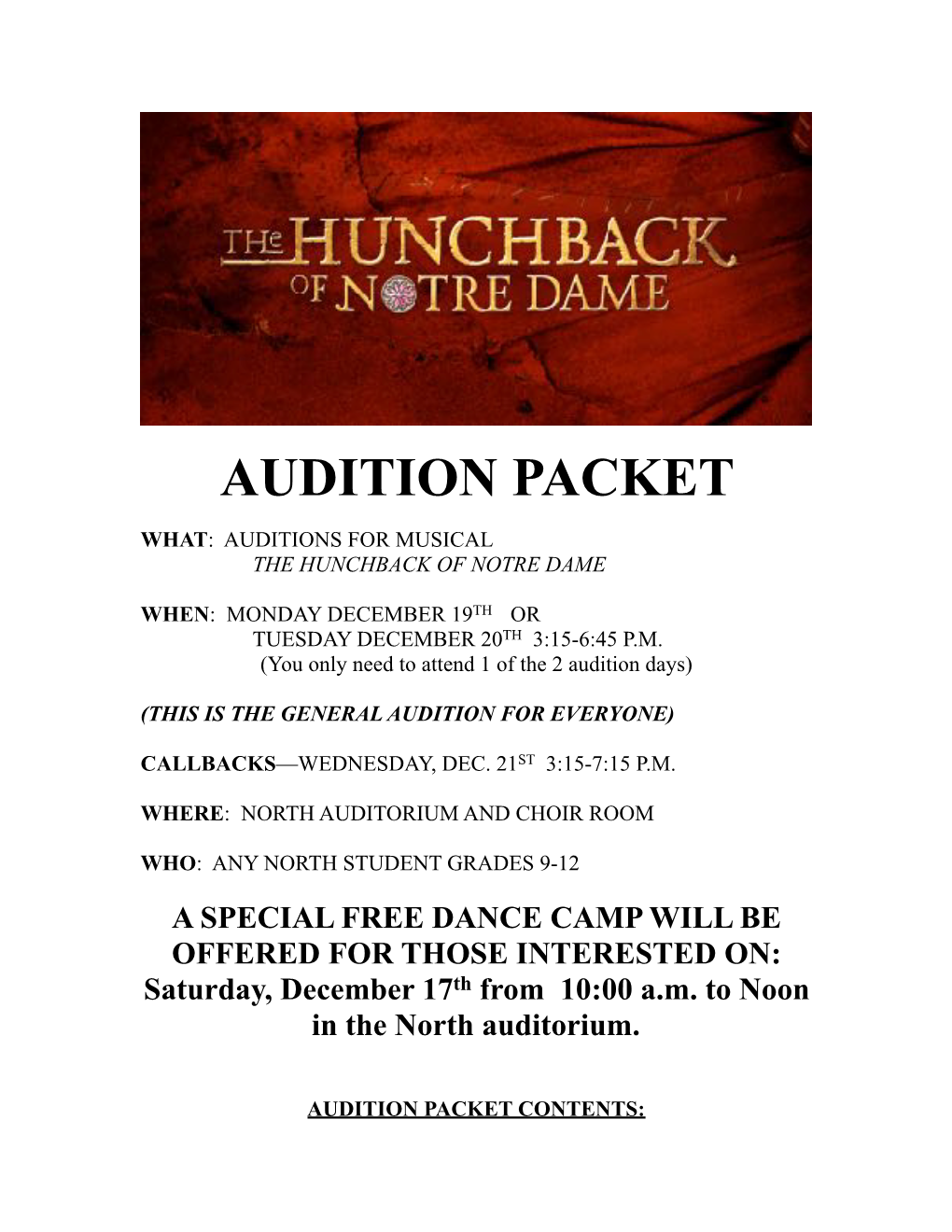 Audition Packet for Hunchback