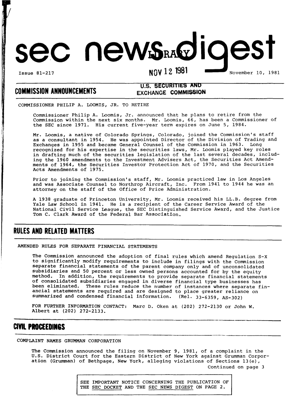 SEC News Digest, 11-10-1981
