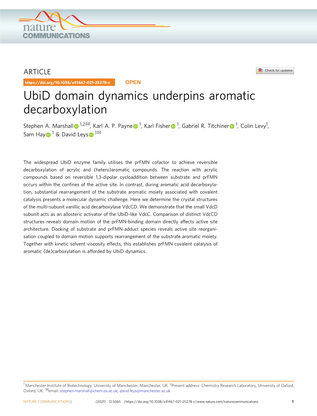 Ubid Domain Dynamics Underpins Aromatic Decarboxylation ✉ Stephen A