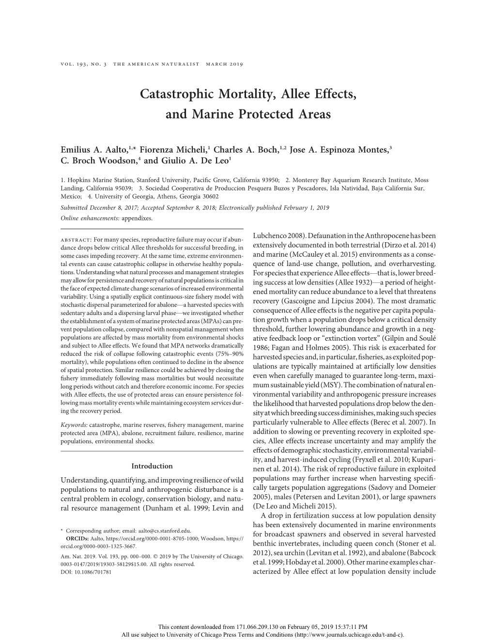 Catastrophic Mortality, Allee Effects, and Marine Protected Areas