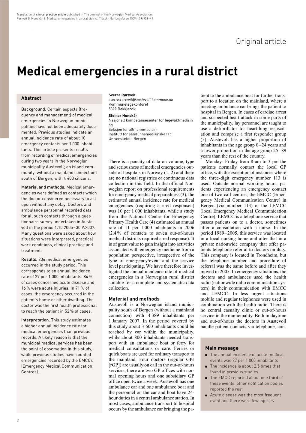 Medical Emergencies in a Rural District