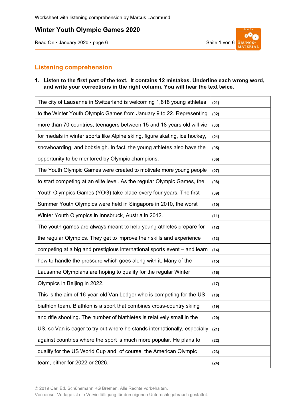 Winter Youth Olympic Games 2020 Listening Comprehension