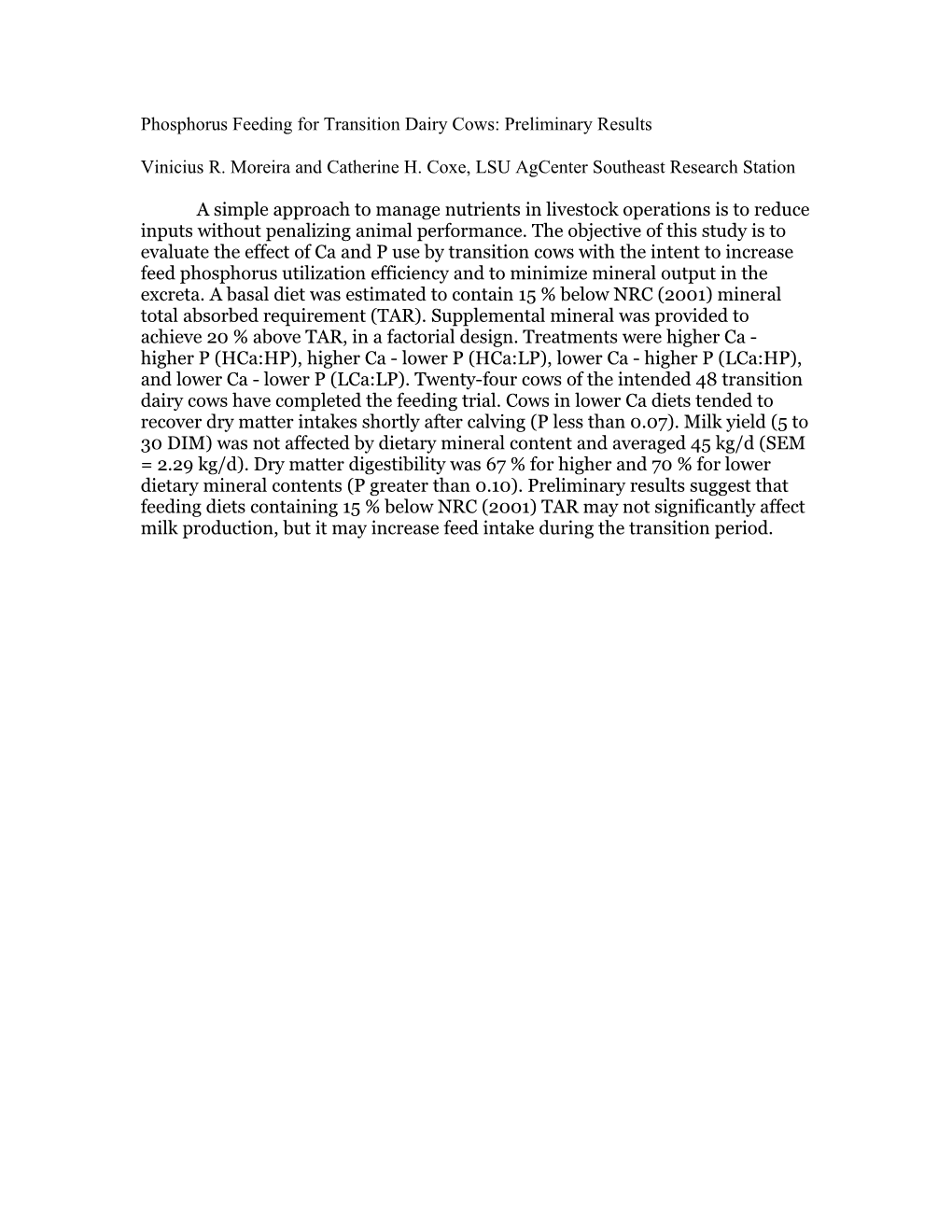 Phosphorus Feeding for Transition Dairy Cows: Preliminary Results