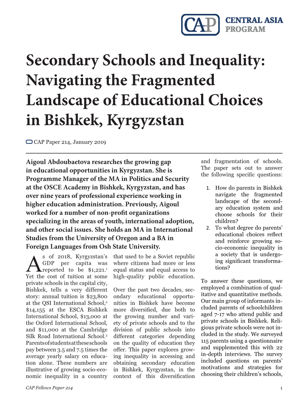 Secondary Schools and Inequality: Navigating the Fragmented Landscape of Educational Choices in Bishkek, Kyrgyzstan