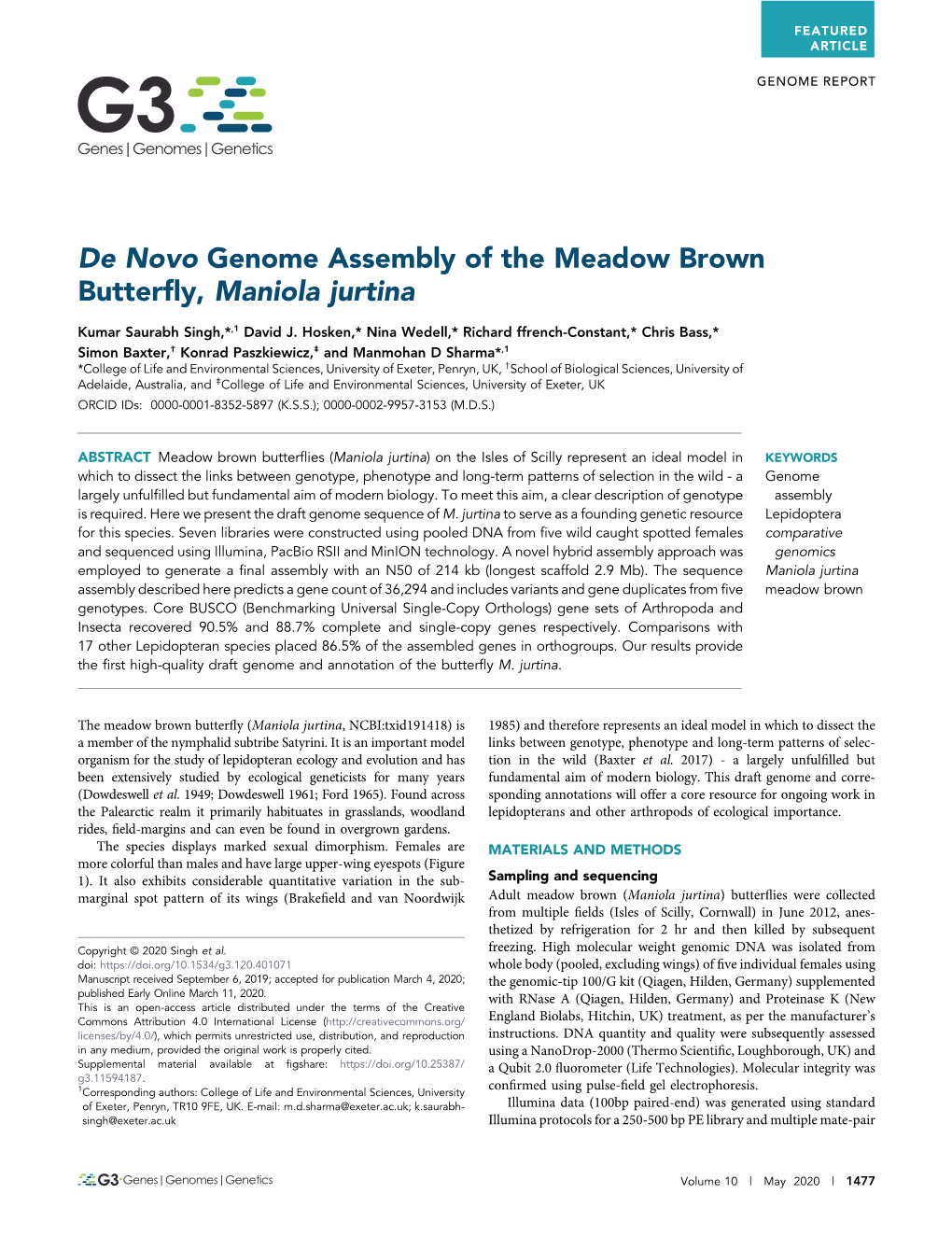 De Novo Genome Assembly of the Meadow Brown Butterﬂy, Maniola Jurtina