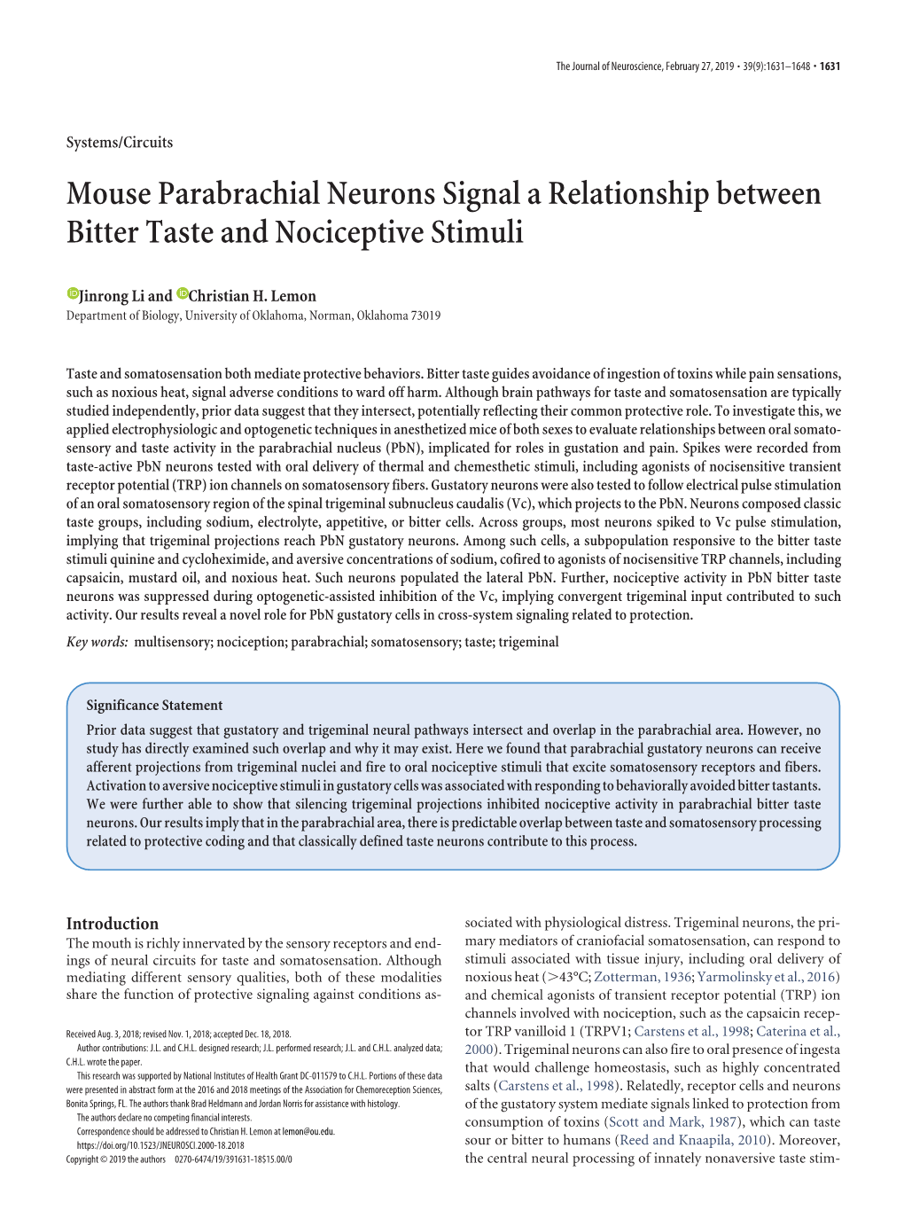 Mouse Parabrachial Neurons Signal a Relationship Between Bitter Taste and Nociceptive Stimuli