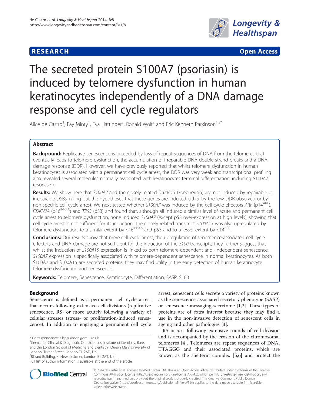 (Psoriasin) Is Induced by Telomere Dysfunction in Human Keratinocytes