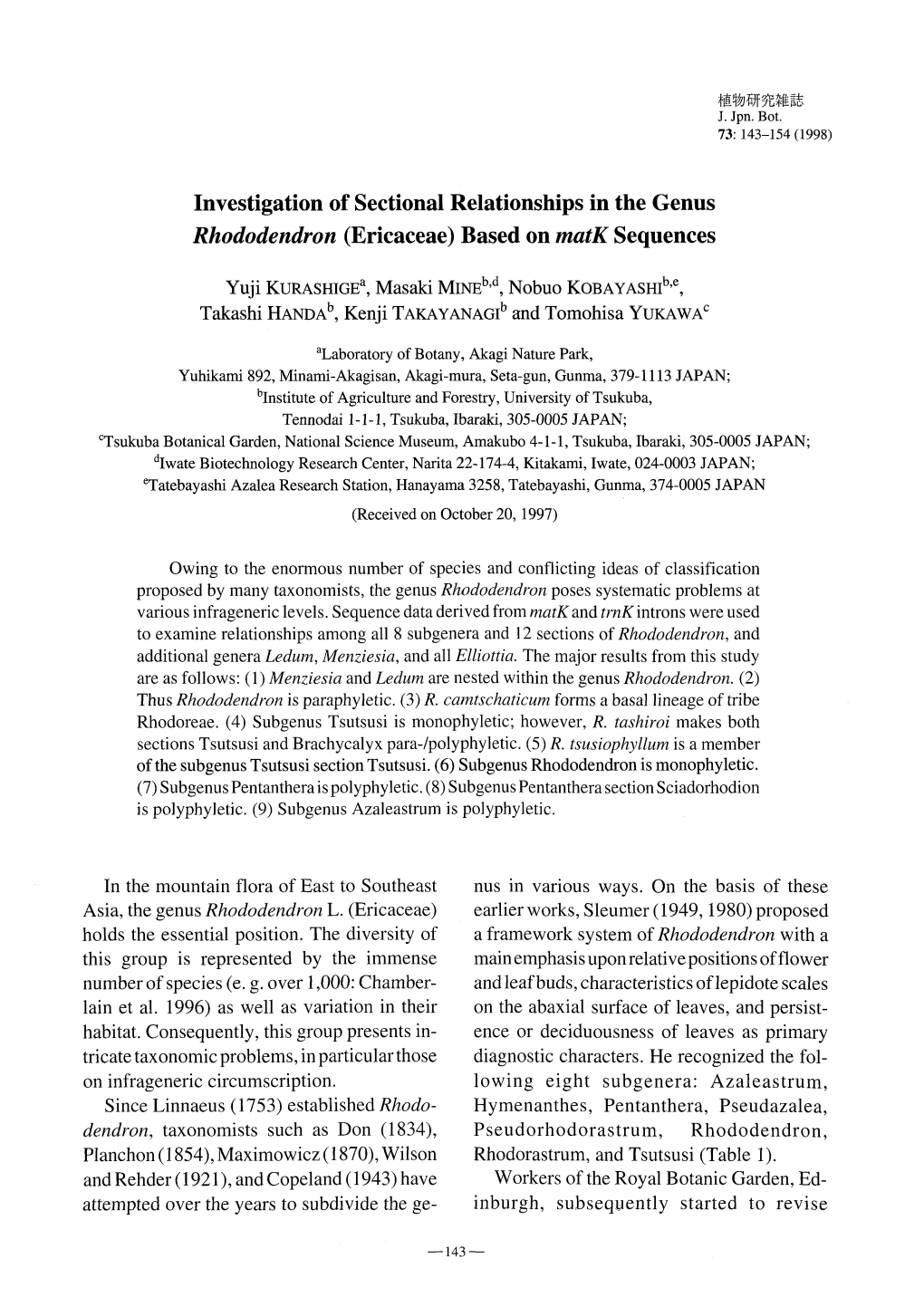 Investigation of Sectional Relationships in the Genus Rhododendron (Ericaceae) Sased on Matk Sequences