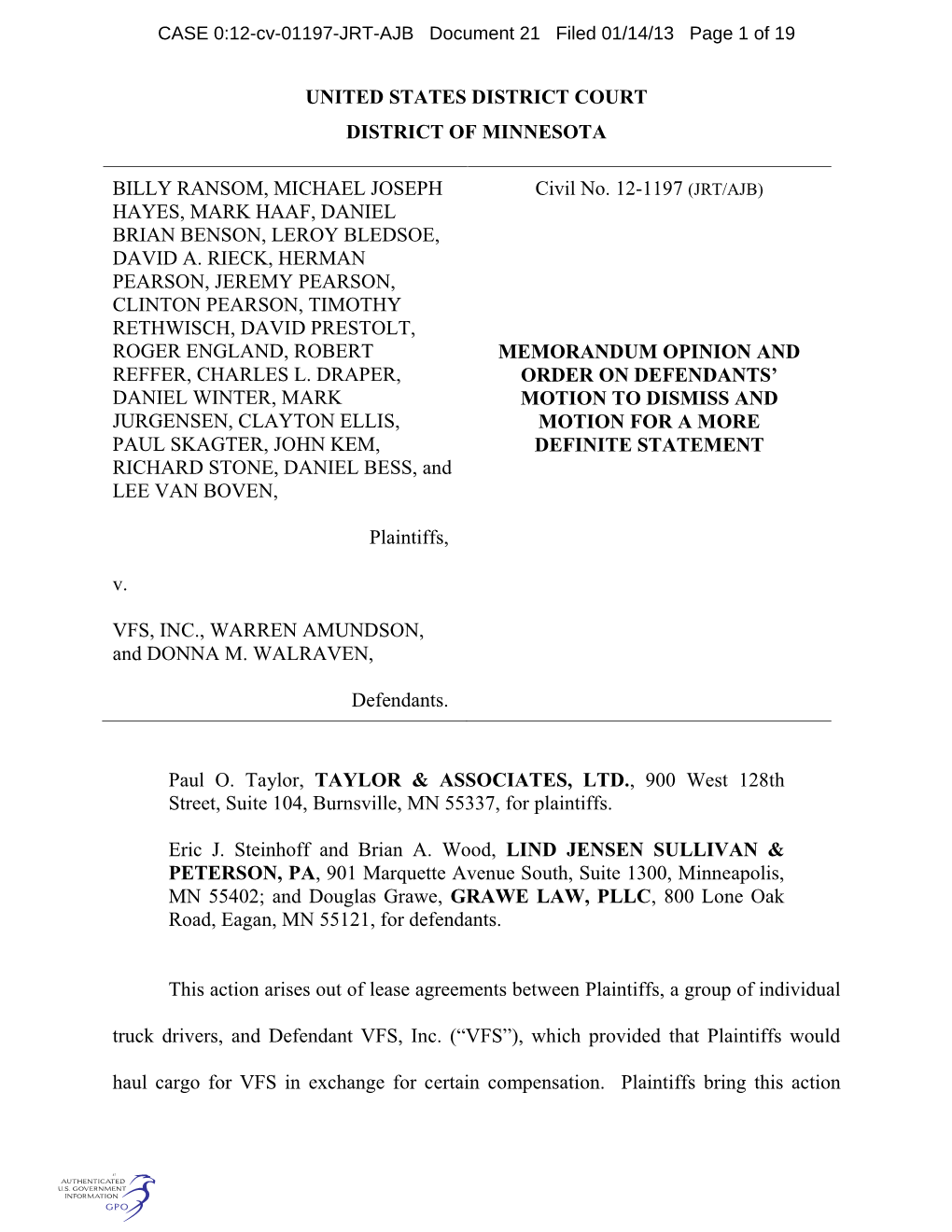 CASE 0:12-Cv-01197-JRT-AJB Document 21 Filed 01/14/13 Page 1 of 19