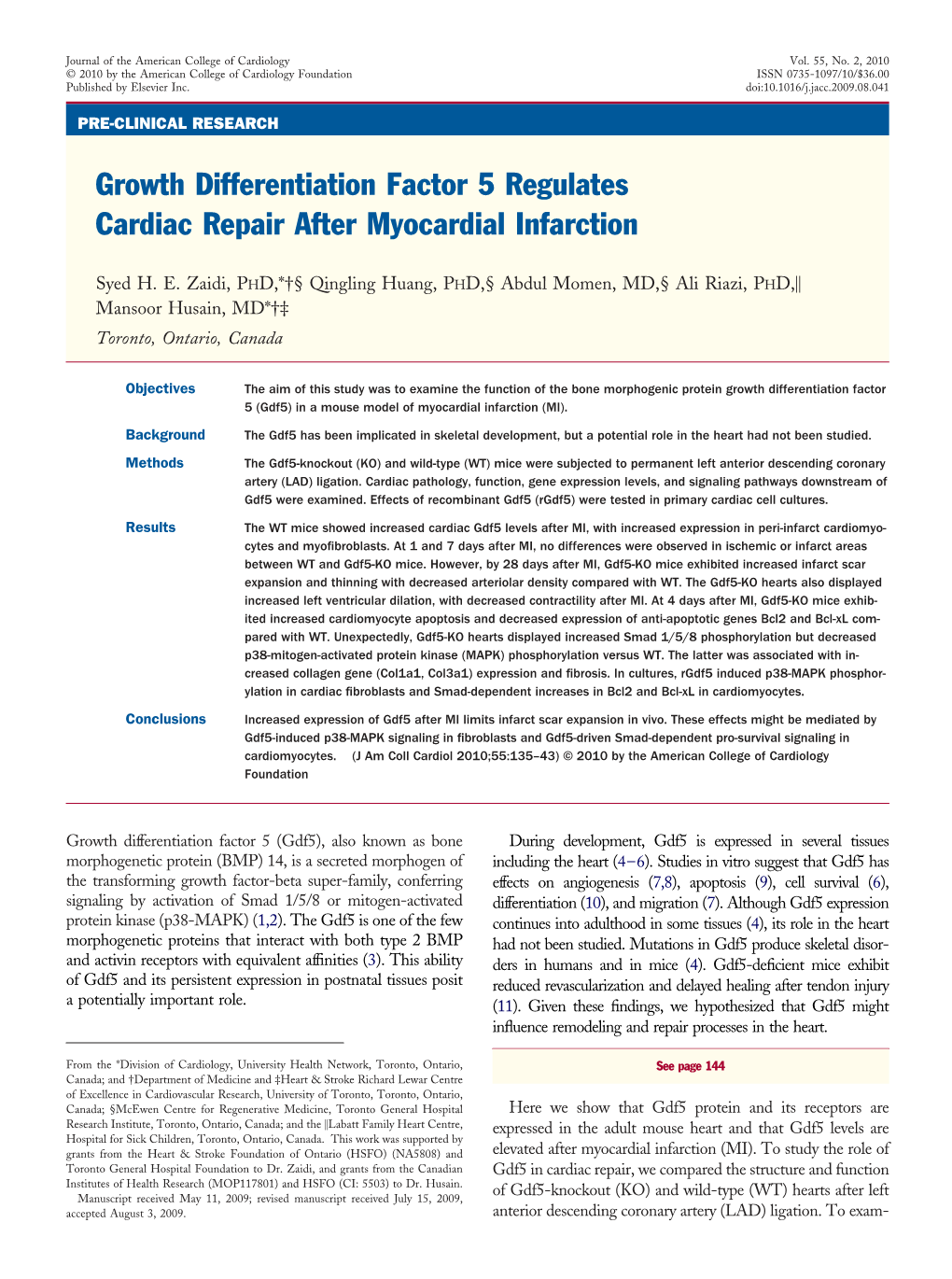 Growth Differentiation Factor 5 Regulates Cardiac Repair After Myocardial Infarction