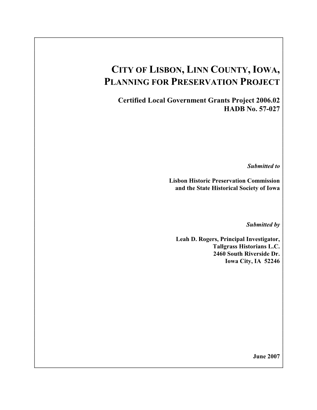 City of Lisbon, Linn County, Iowa, Planning for Preservation Project