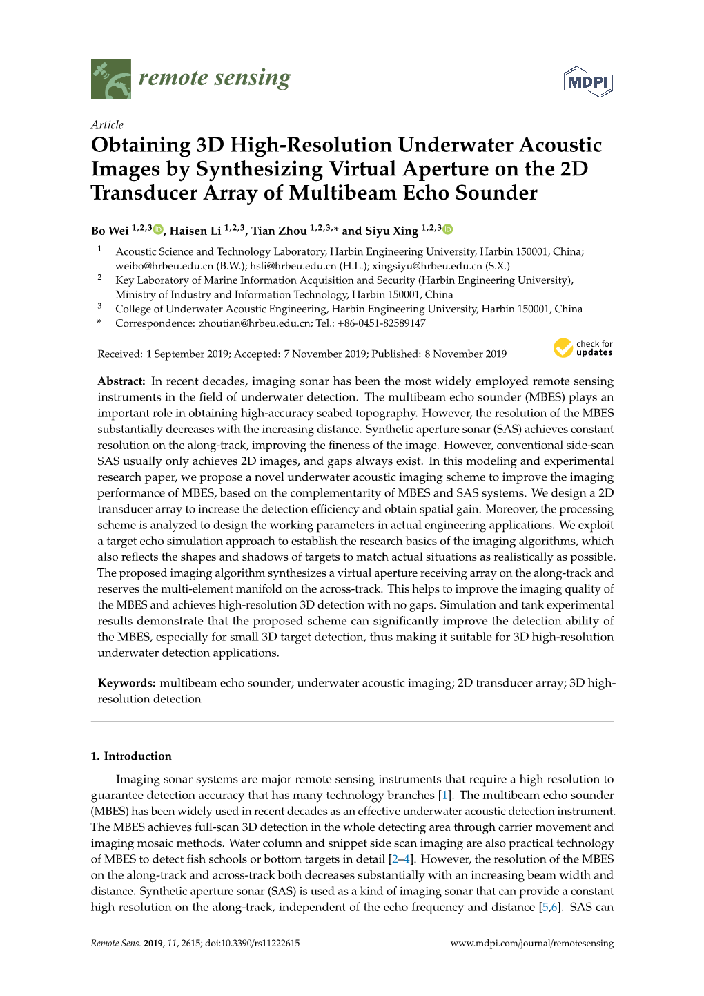Obtaining 3D High-Resolution Underwater Acoustic Images by Synthesizing Virtual Aperture on the 2D Transducer Array of Multibeam Echo Sounder