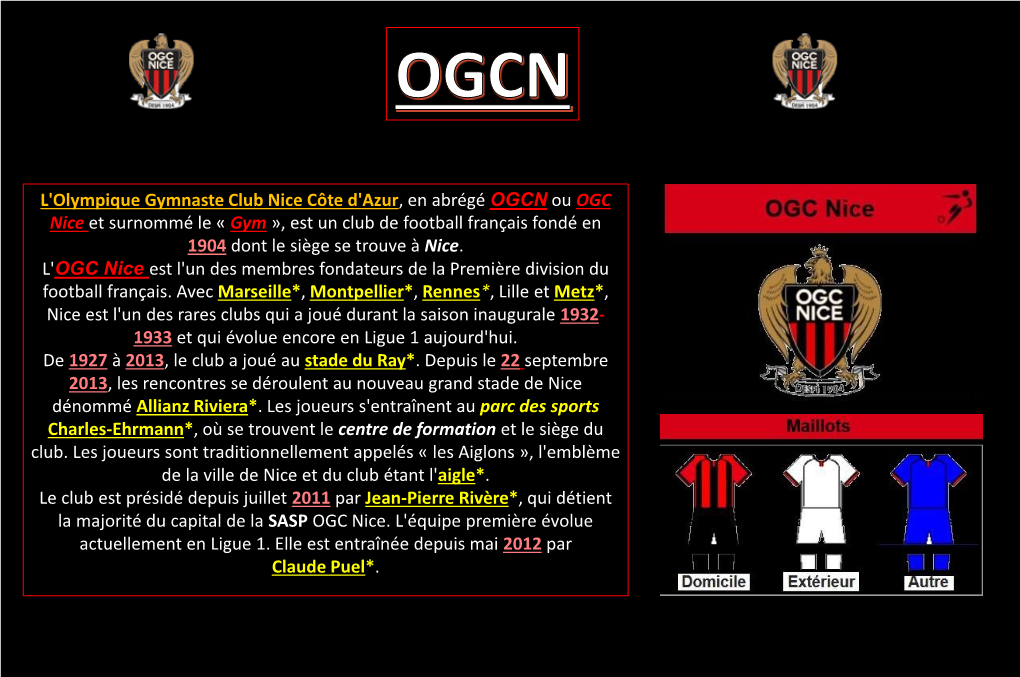 Gymnaste Club Nice Côte D'azur, En Abrégé OGCN Ou OGC Nice Et Surnommé Le « Gym », Est Un Club De Football Français Fondé En 1904 Dont Le Siège Se Trouve À Nice