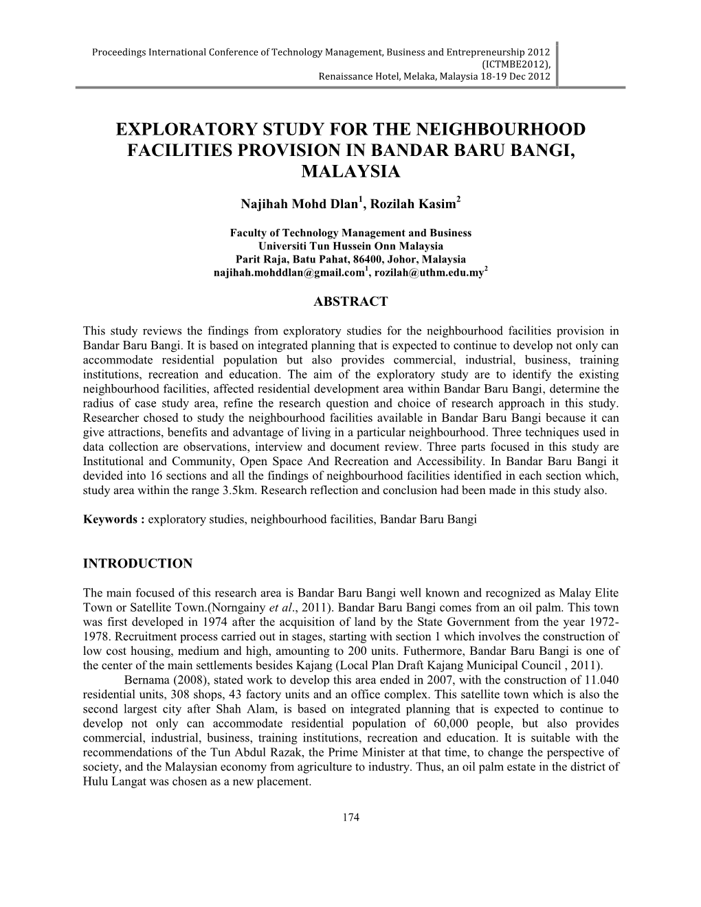 Exploratory Study for the Neighbourhood Facilities Provision in Bandar Baru Bangi, Malaysia