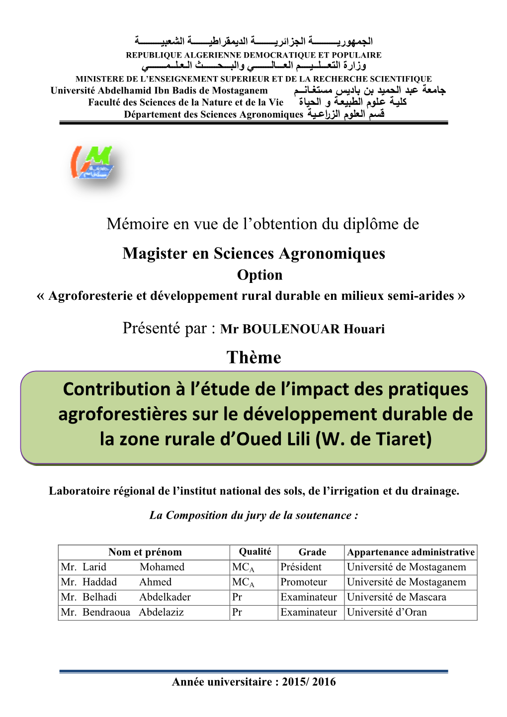 Contribution À L'étude De L'impact Des Pratiques Agroforestières Sur Le