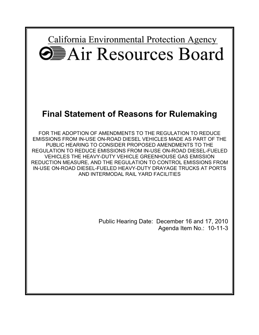 Final Statement of Reasons for Rulemaking