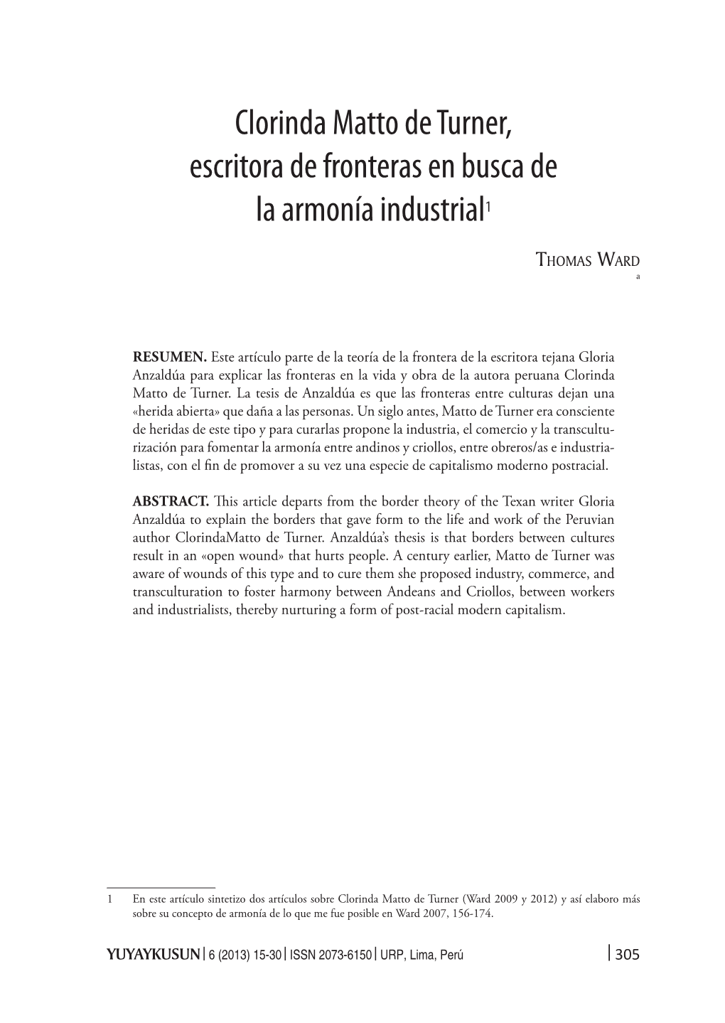 Clorinda Matto De Turner, Escritora De Fronteras En Busca De La Armonía Industrial1