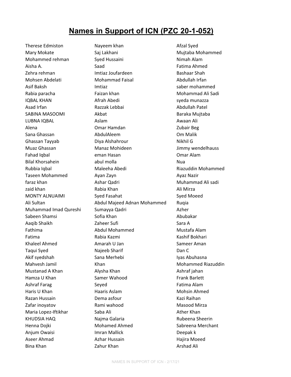 Names in Support of ICN (PZC 20-1-052)