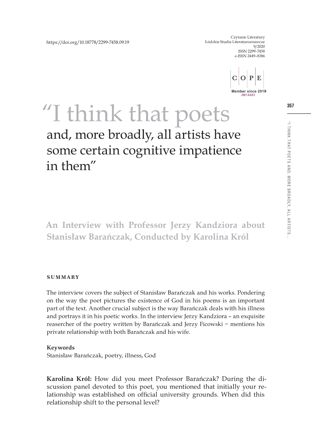 Â•Œi Think That Poets And, More Broadly, All Artists Have Some