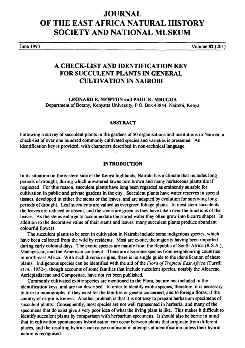 A Check-List and Identification Key for Succulent Plants in General Cultivation in Nairobi