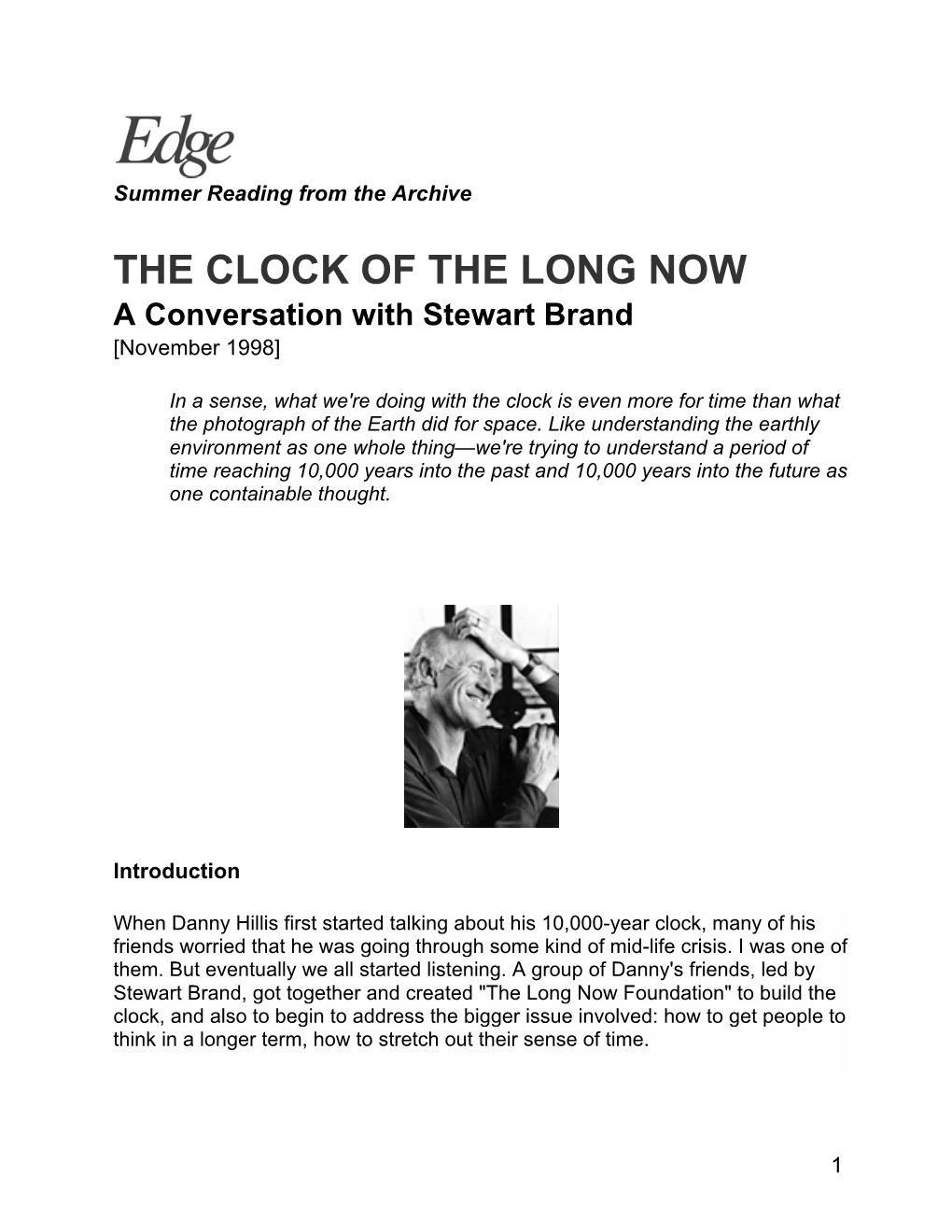 THE CLOCK of the LONG NOW a Conversation with Stewart Brand [November 1998]
