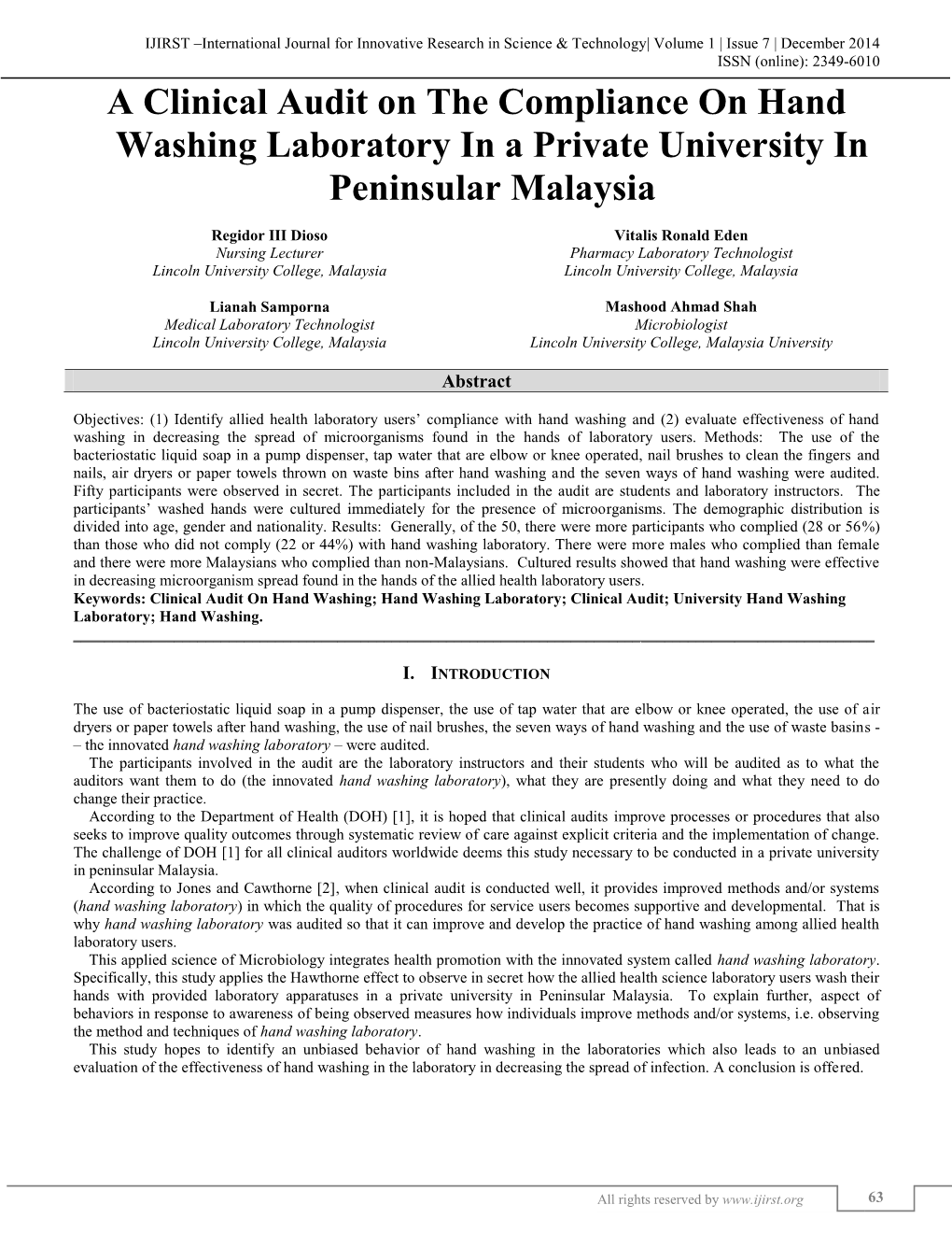 A Clinical Audit on the Compliance on Hand Washing Laboratory in a Private University In