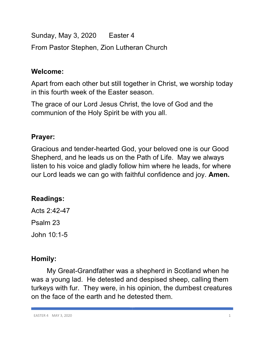 Sunday, May 3, 2020 Easter 4 from Pastor Stephen, Zion Lutheran Church