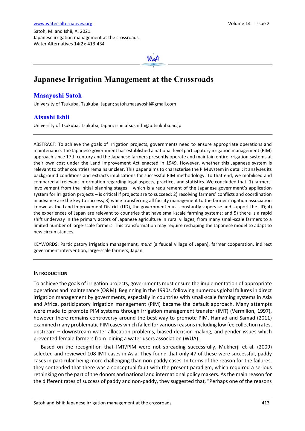 Japanese Irrigation Management at the Crossroads