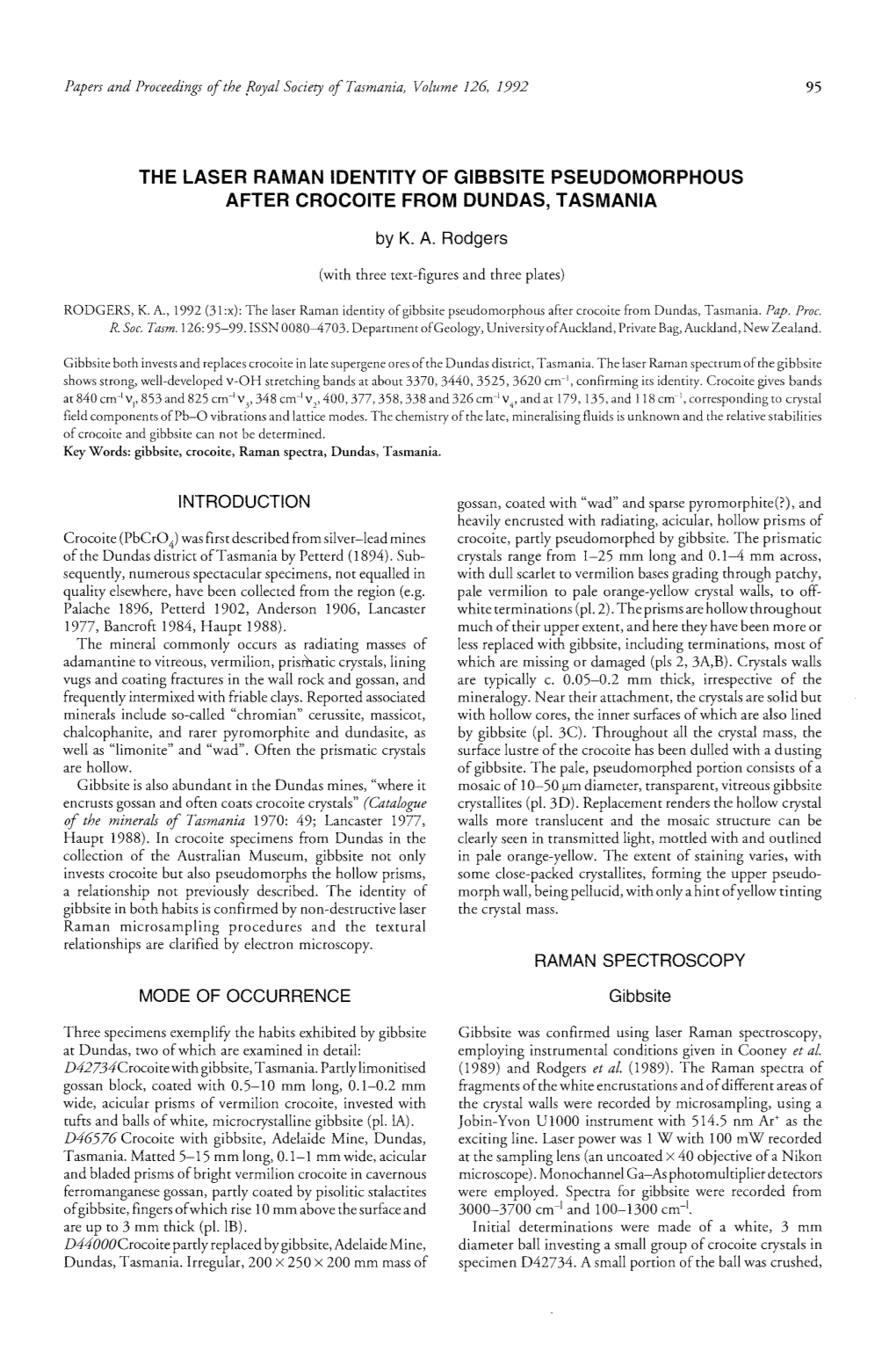 The Laser Raman Identity of Gibbsite Pseudomorphous After Crocoite from Dundas, Tasmania