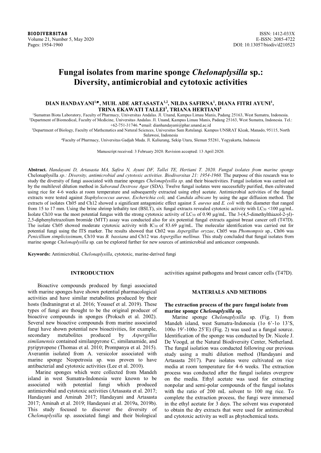 Fungal Isolates from Marine Sponge Chelonaplysilla Sp.: Diversity, Antimicrobial and Cytotoxic Activities