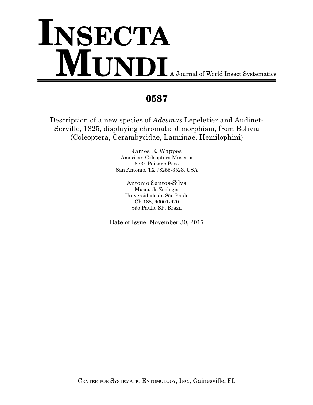 Insecta Mundia Journal of World Insect Systematics