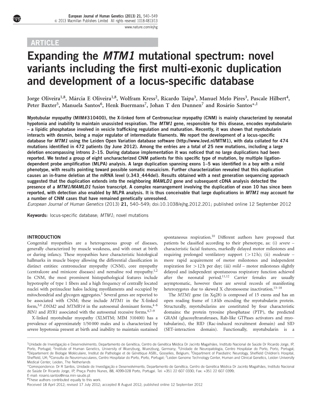 Expanding the MTM1 Mutational Spectrum: Novel Variants Including the ﬁrst Multi-Exonic Duplication and Development of a Locus-Speciﬁc Database