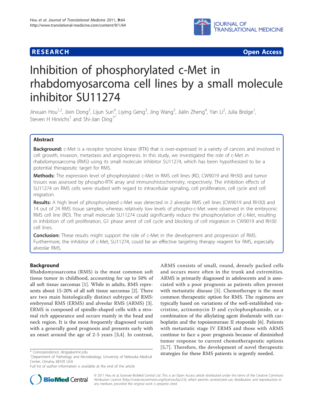 Inhibition of Phosphorylated C-Met in Rhabdomyosarcoma Cell Lines by a Small Molecule Inhibitor SU11274