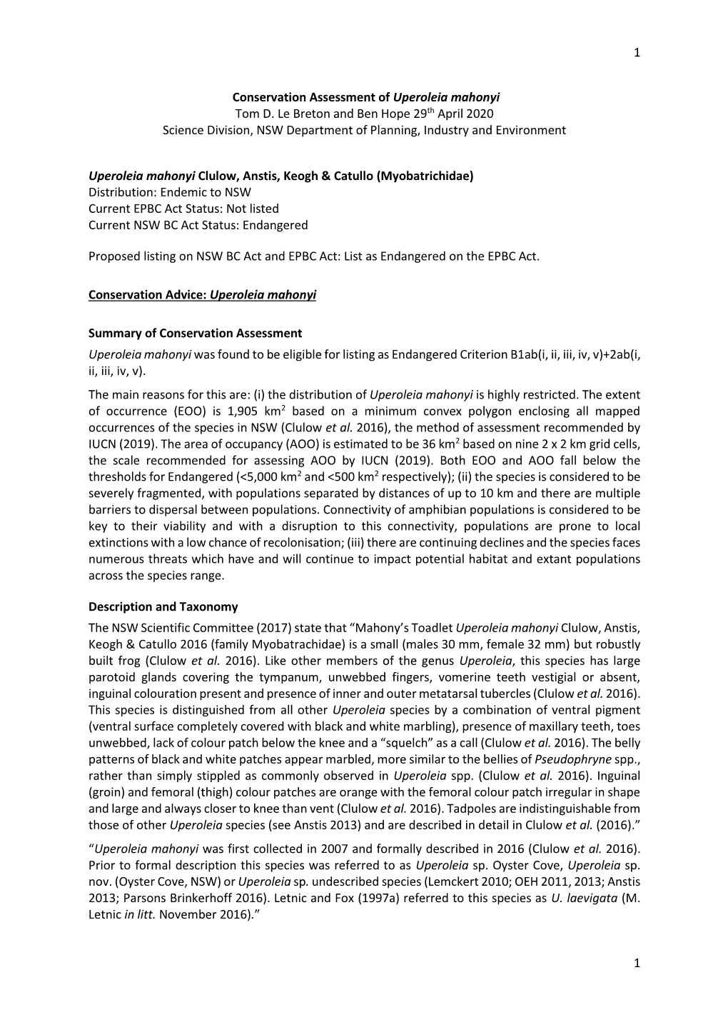 Conservation Assessment of Uperoleia Mahonyi Tom D