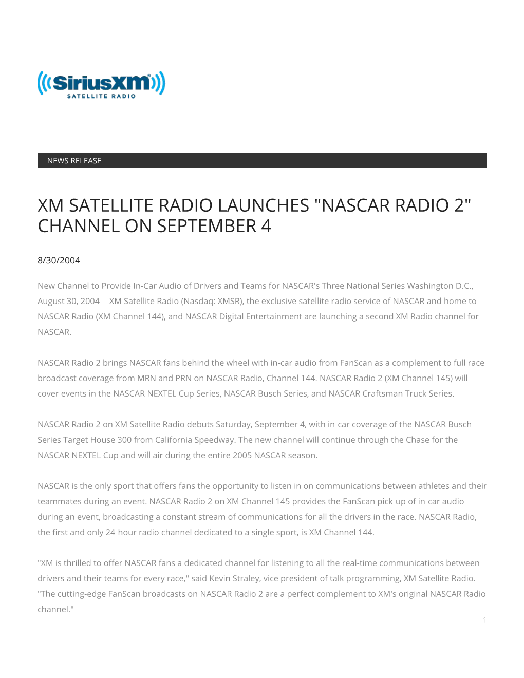 Xm Satellite Radio Launches "Nascar Radio 2" Channel on September 4