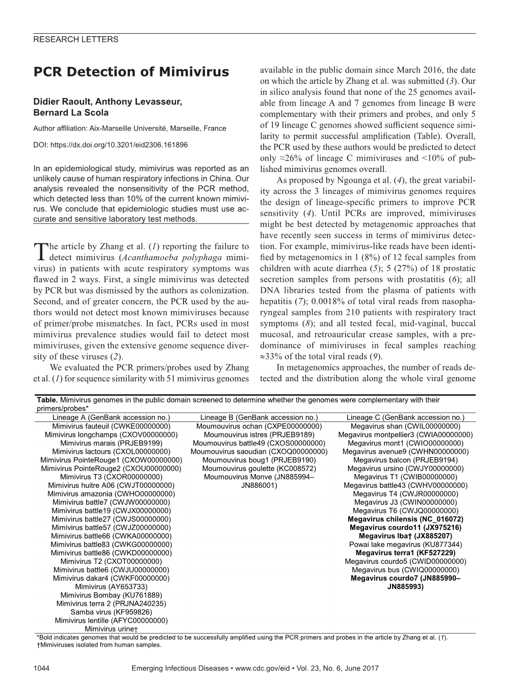 PCR Detection of Mimivirus Available in the Public Domain Since March 2016, the Date on Which the Article by Zhang Et Al