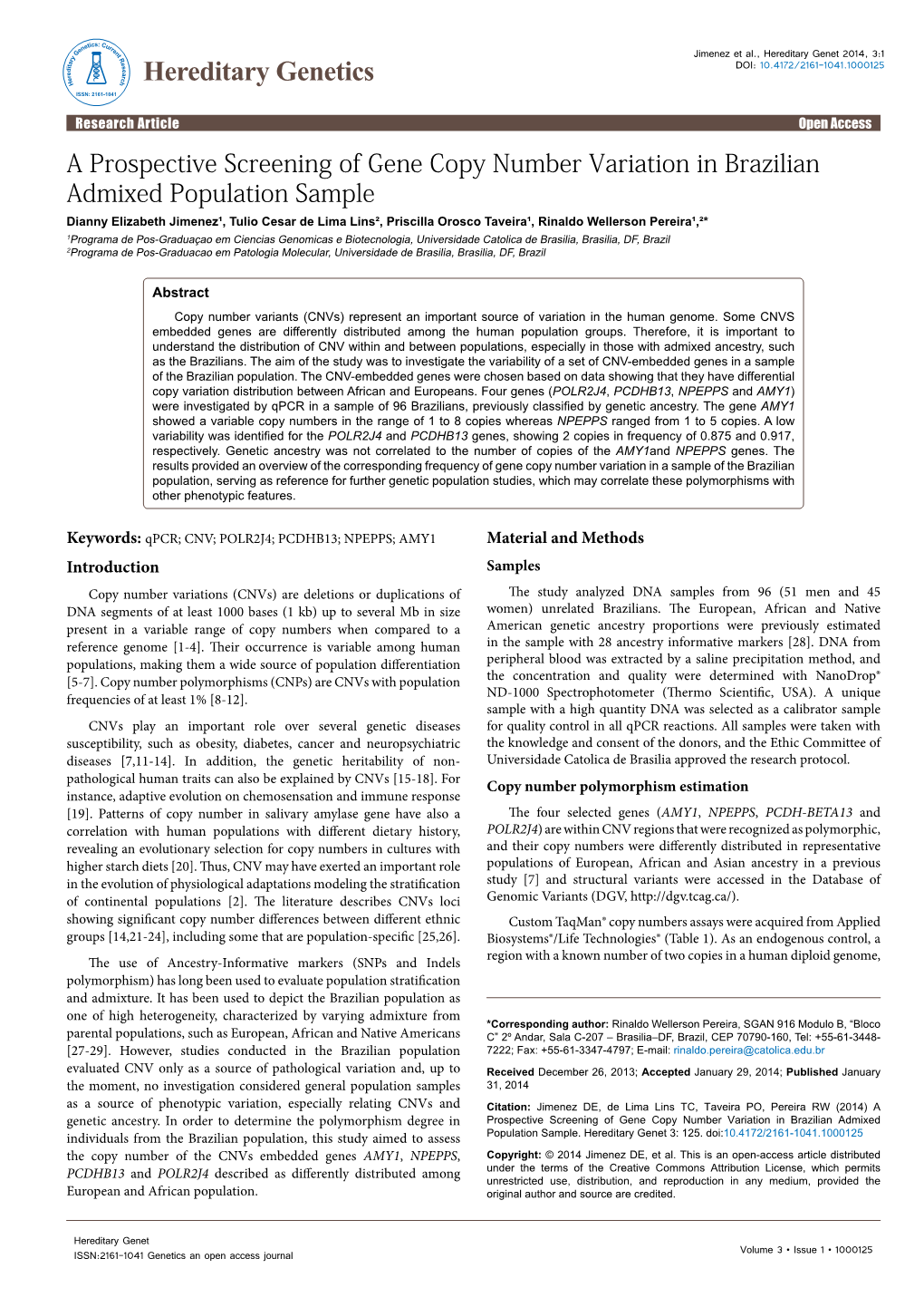 A Prospective Screening of Gene Copy Number Variation in Brazilian