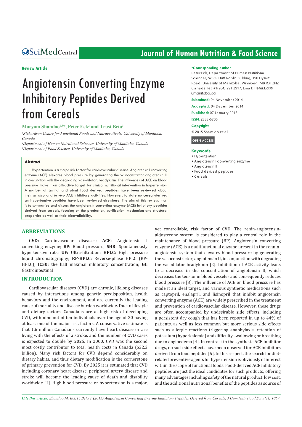 Angiotensin Converting Enzyme Inhibitory Peptides Derived from Cereals