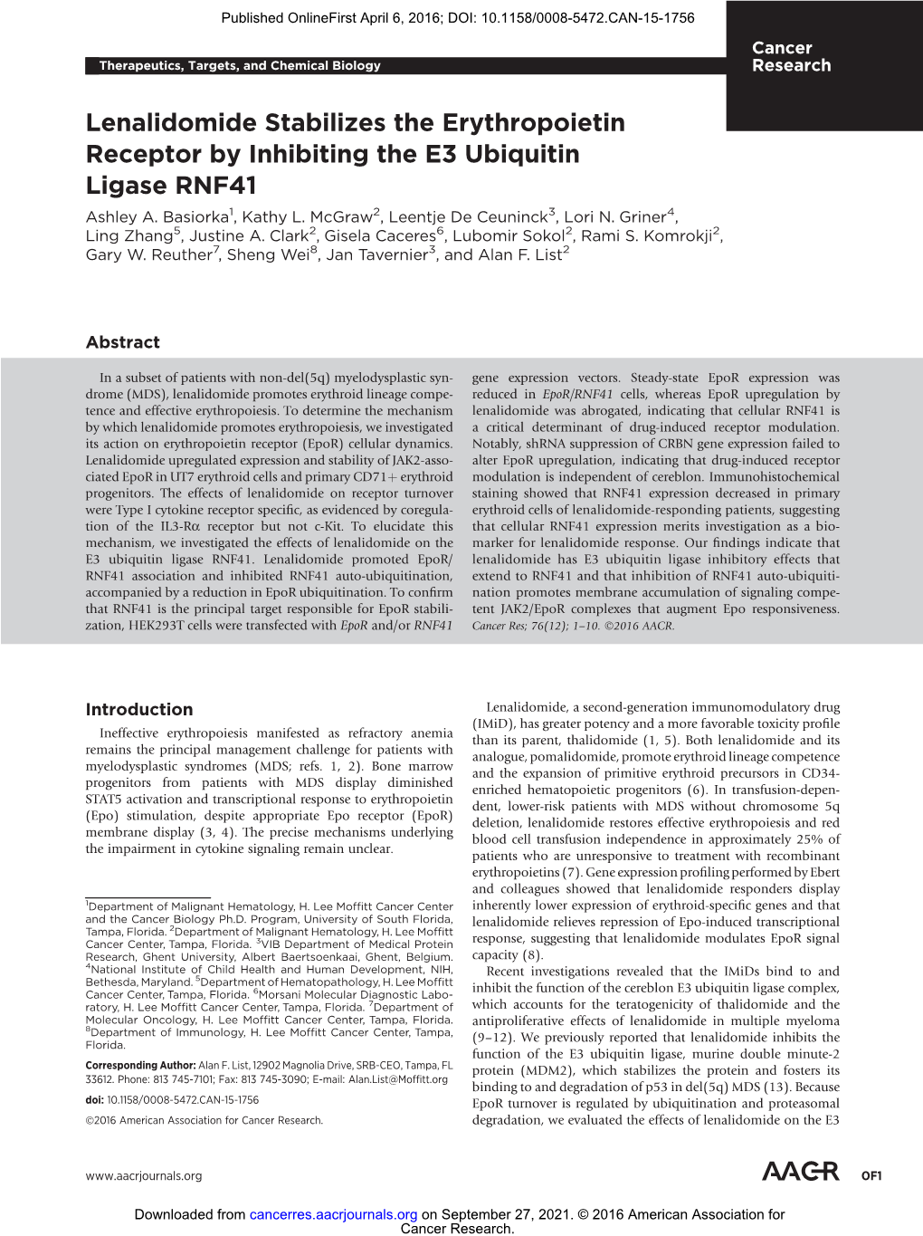 Lenalidomide Stabilizes the Erythropoietin Receptor by Inhibiting the E3 Ubiquitin Ligase RNF41 Ashley A