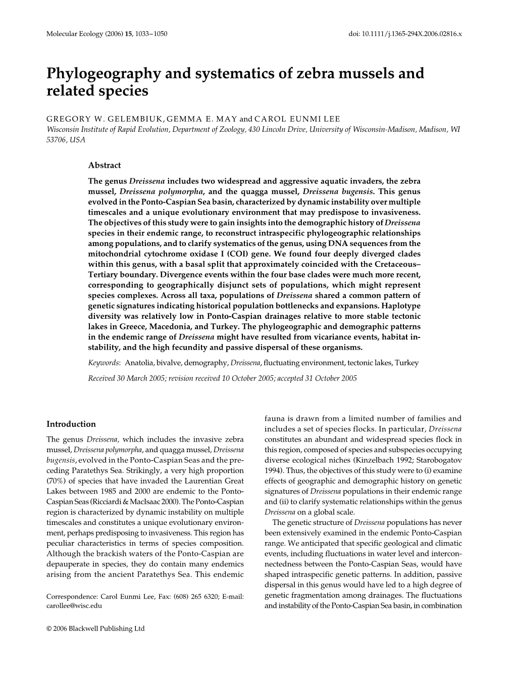 Phylogeography and Systematics of Zebra Mussels and Related Species