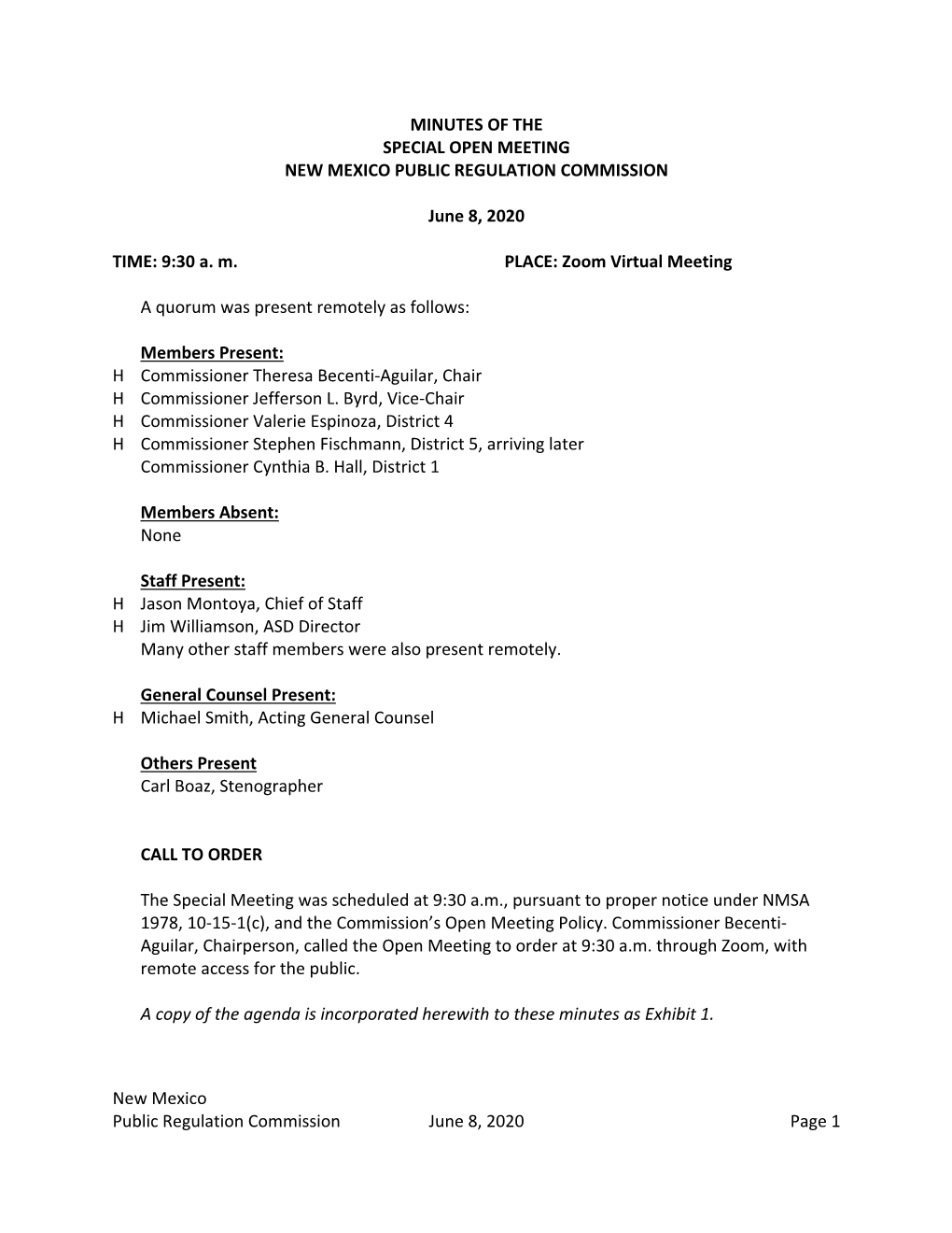 Minutes of the Special Open Meeting New Mexico Public Regulation Commission