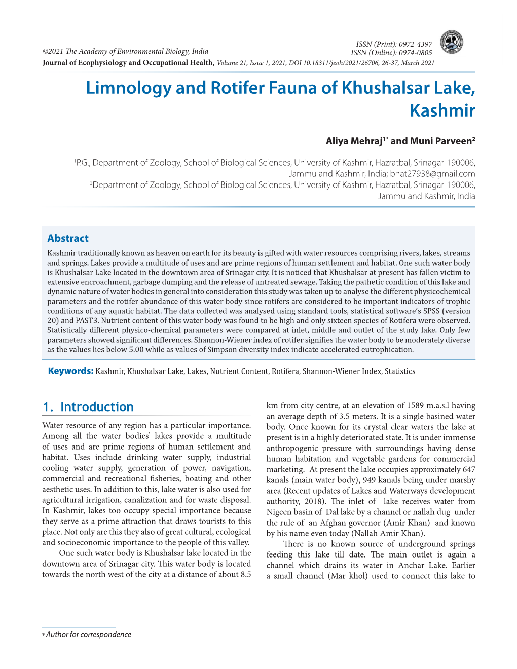 Limnology and Rotifer Fauna of Khushalsar Lake, Kashmir