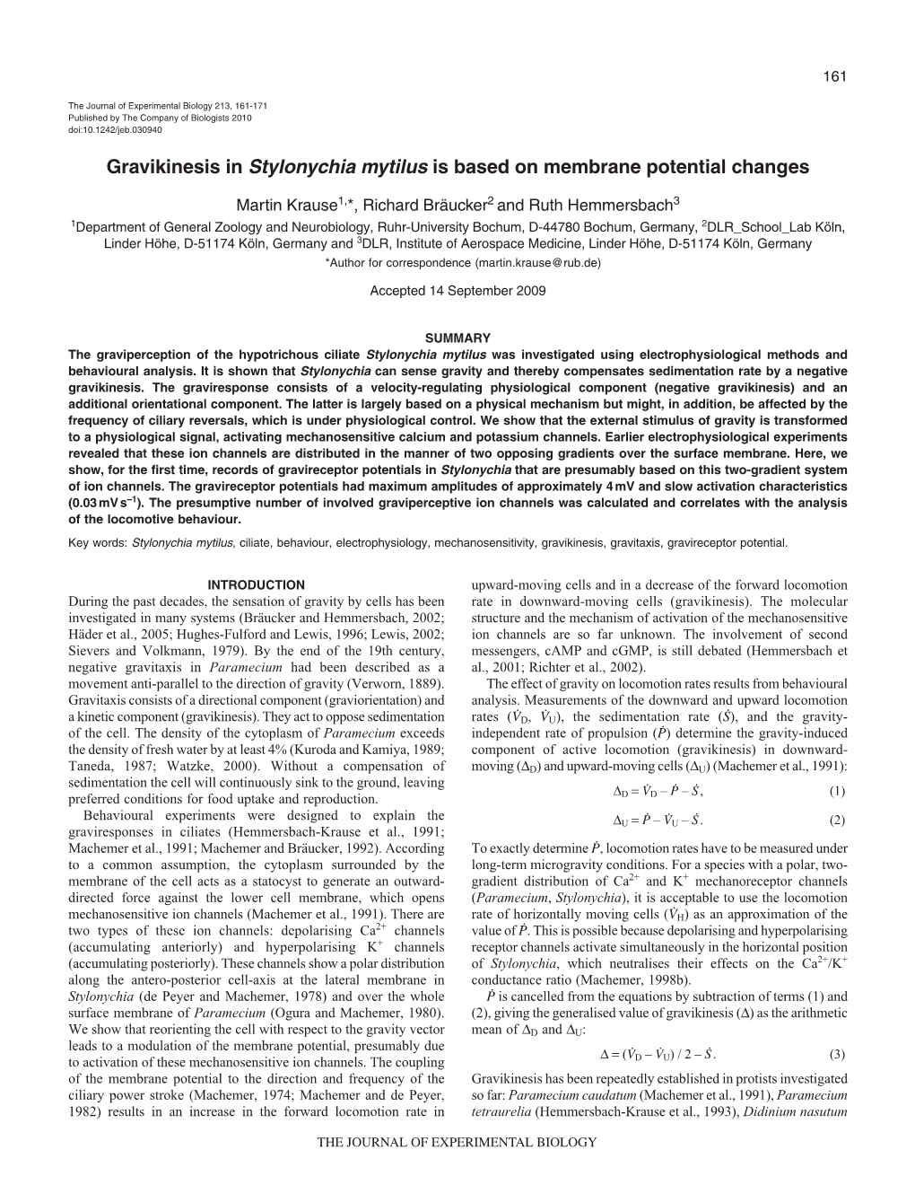 Gravikinesis in Stylonychia Mytilus Is Based on Membrane Potential Changes