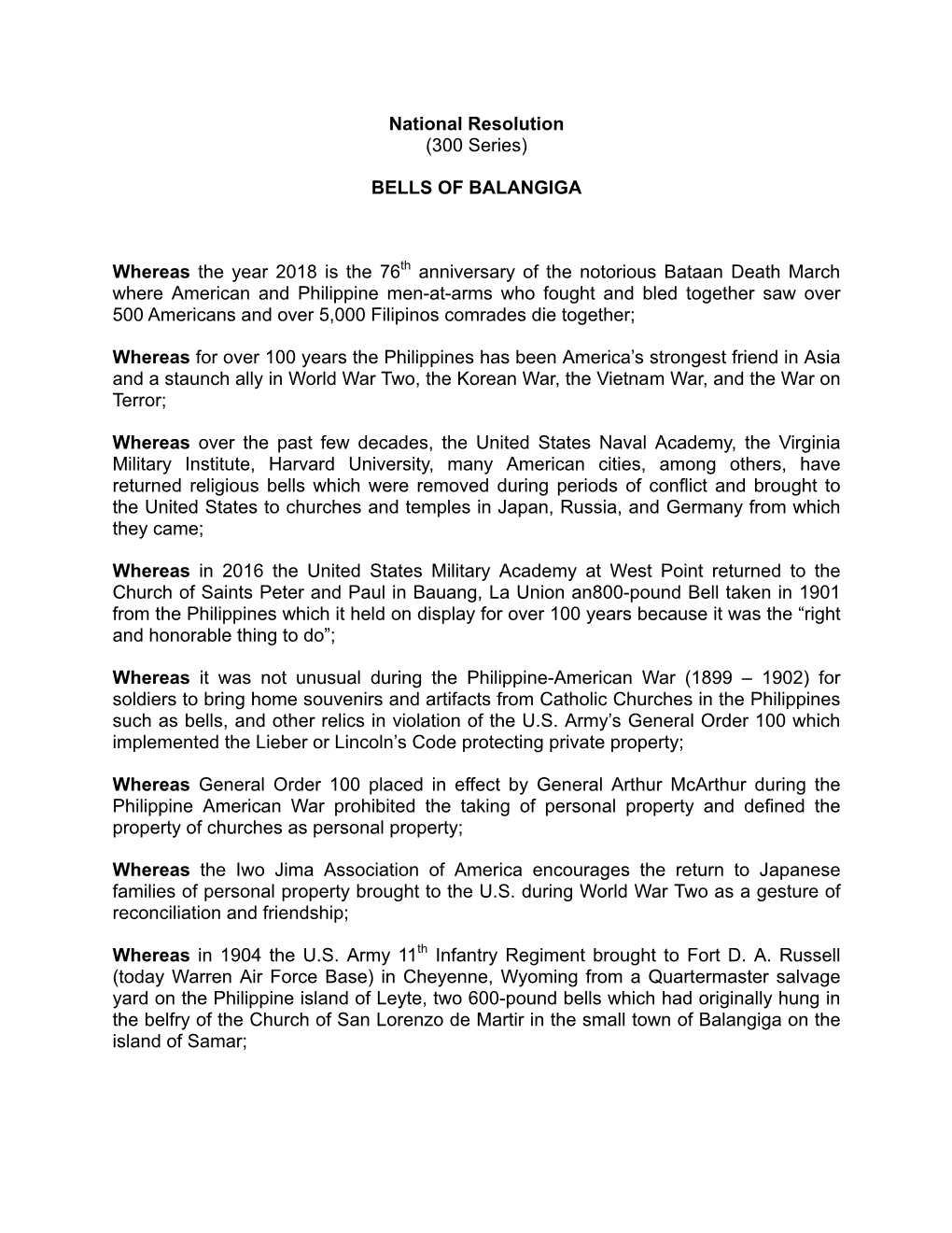 BELLS of BALANGIGA Whereas the Year 2018 Is the 76Th Anniversary Of