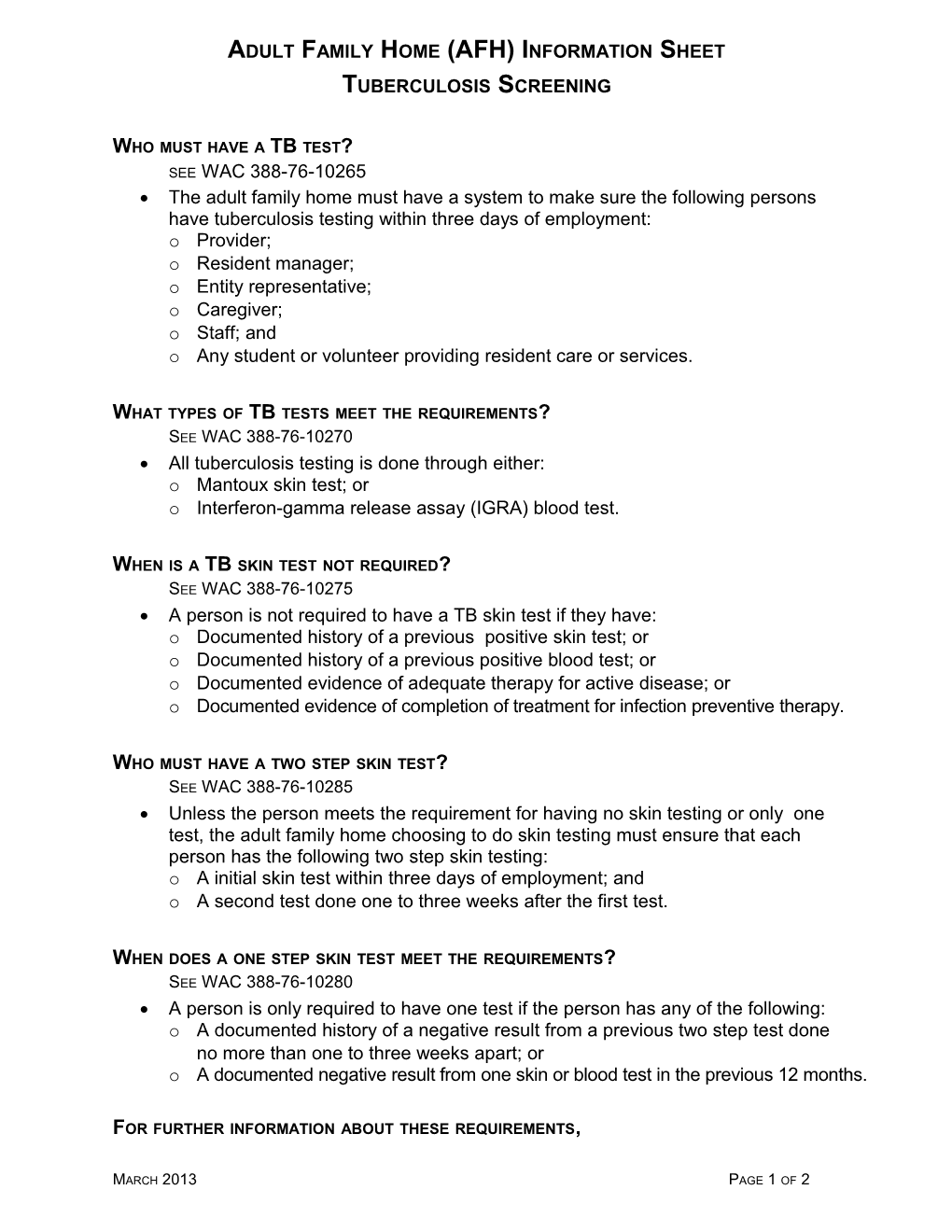 Adult Family Home Tuberculosis Screening Information Sheet